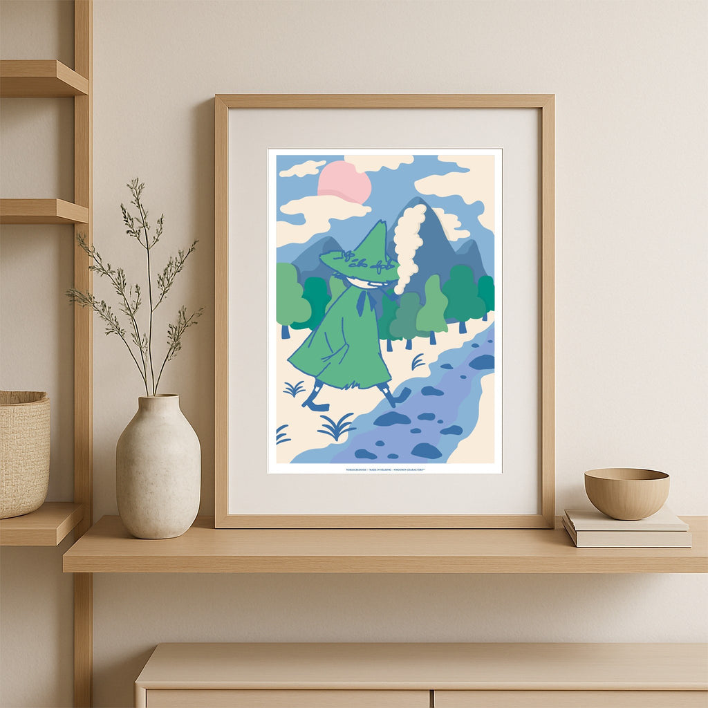 1. Snufkin Poster by Moomin NordicBuddies displayed in a stylish room setting, 30x40 cm, unframed