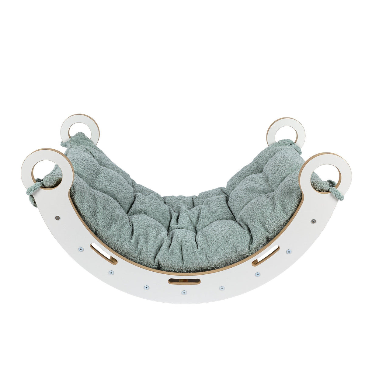 3. Front view of Snug Rocker for kids with fresh mint pillow, emphasizing rounded edges and handles