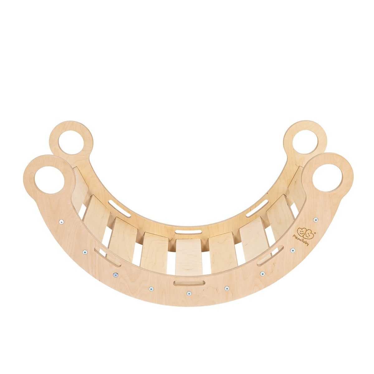 2. Snug Rocker for kids in natural birch plywood, top view showing slatted design and rounded handles