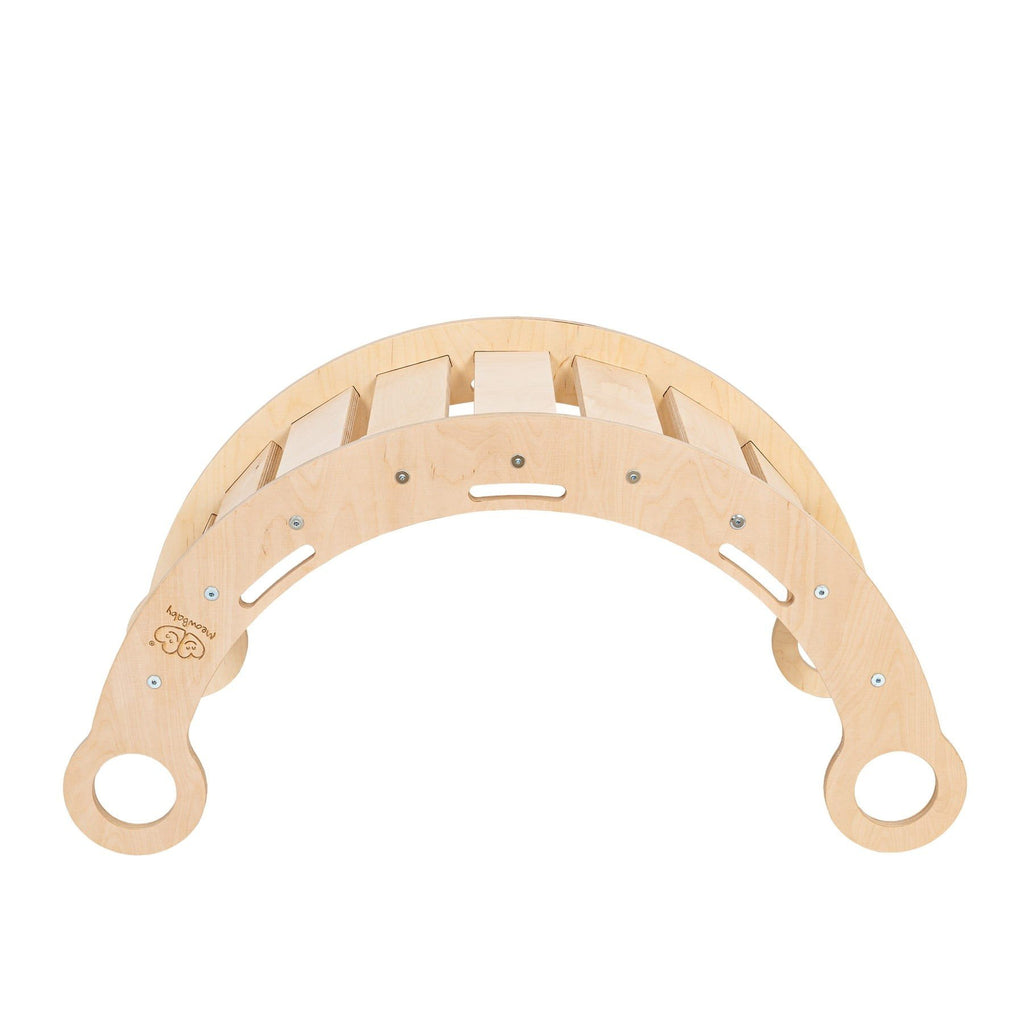 2. Snug Rocker for kids in natural birch plywood, side view highlighting ladder-like structure and rounded handles