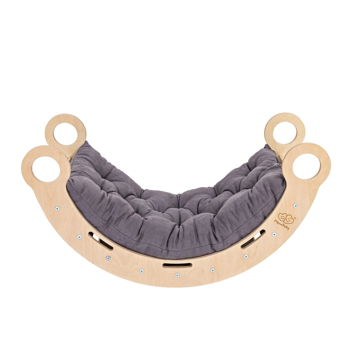 1. Snug Rocker for kids in natural birch plywood with grey pillow, featuring rounded edges and handles, shown in a studio setting