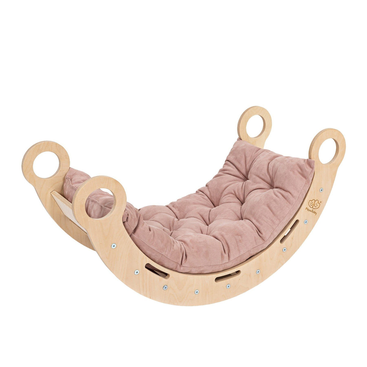 2. Side view of Snug Rocker for kids in natural birch plywood with pink pillow, highlighting rounded edges and handles