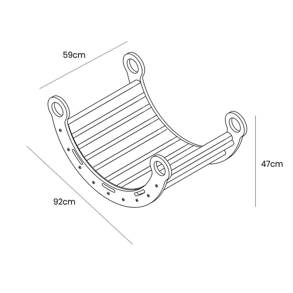 5. Size chart for Snug Rocker for kids, showing dimensions 92cm by 59cm by 47cm