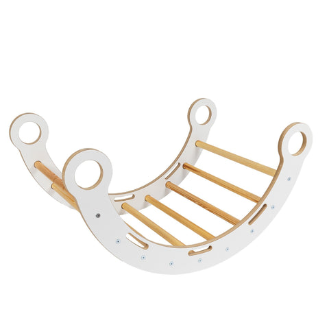 4. Snug Rocker for kids without pillow, showing ladder-like structure and natural wood finish