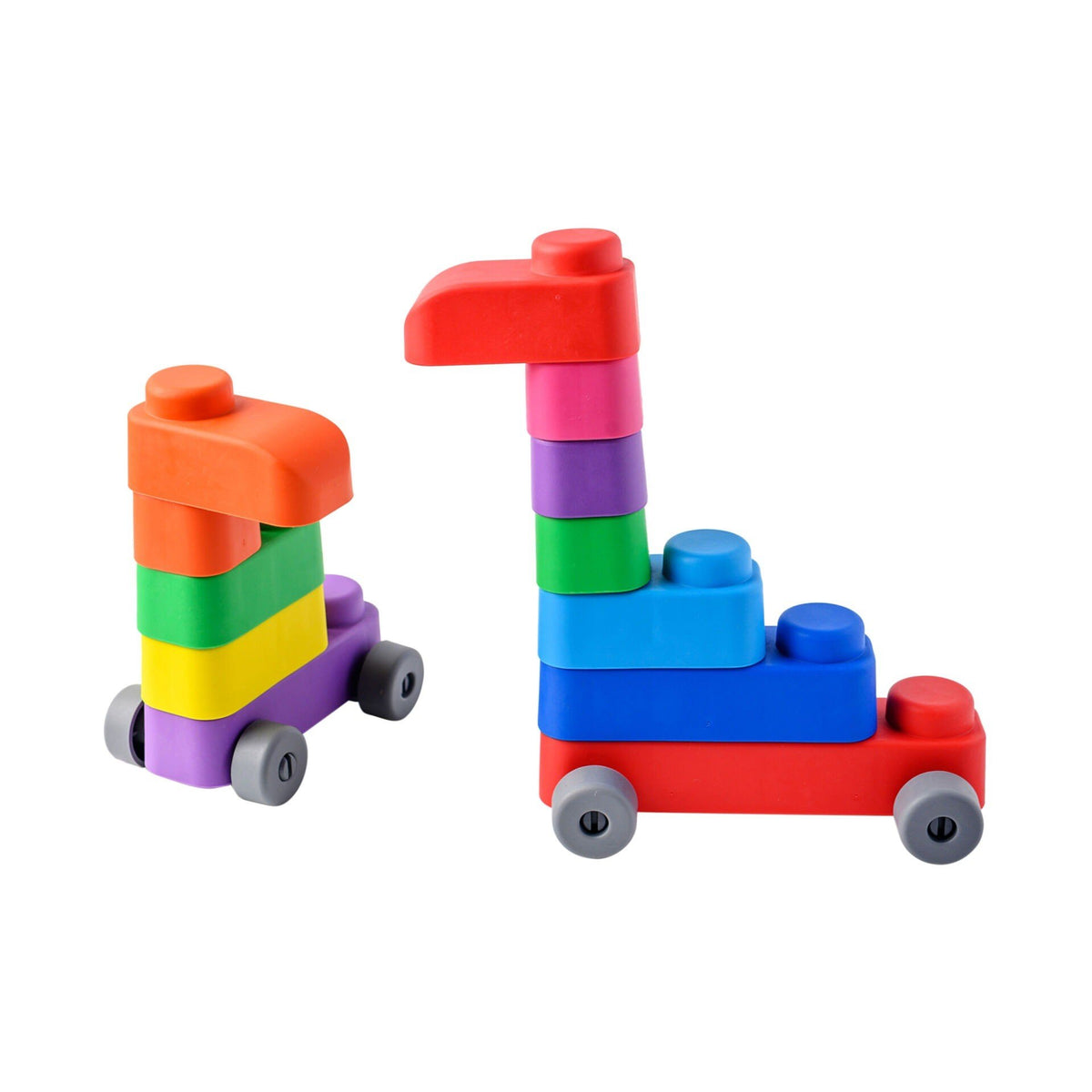 8. Studio shot of colorful soft blocks assembled into small vehicles with wheels