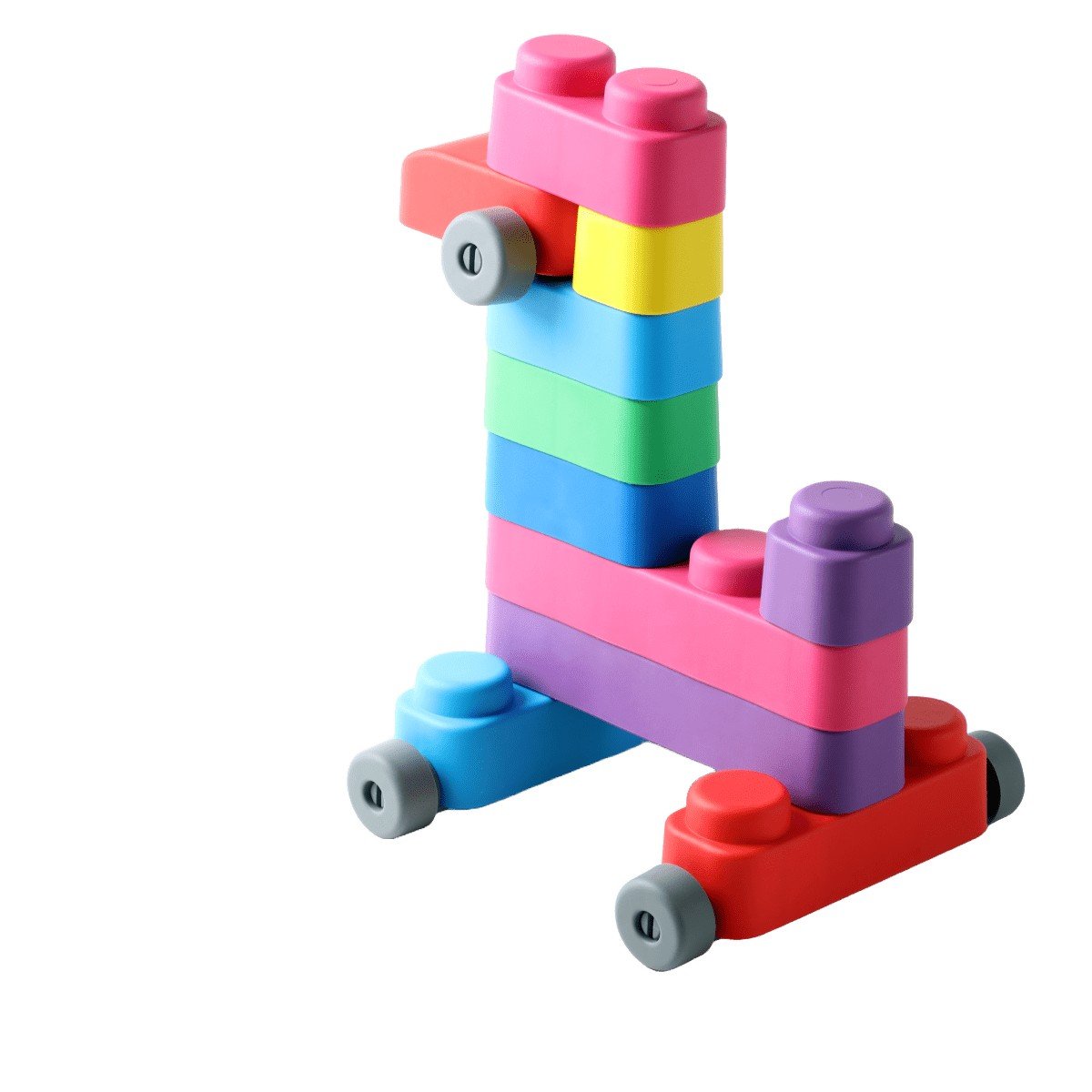 10. Studio shot of colorful soft blocks assembled into a single vehicle with wheels