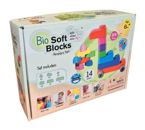 1. Packaging of Gerardo's Toys Bio Soft Blocks set with wheels, showing colorful blocks and features like BPA free and antibacterial protection for ages 6+ months