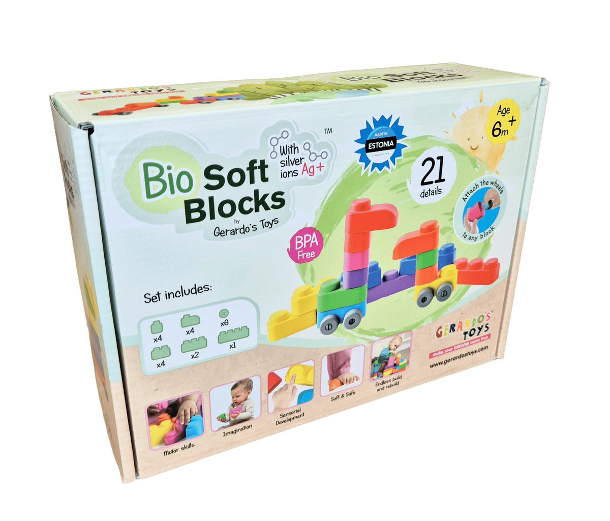 5. Packaging of Gerardo's Toys Bio Soft Blocks Set with Wheels, 21 pieces, showing colorful blocks and BPA-free label for ages 6 months and up.