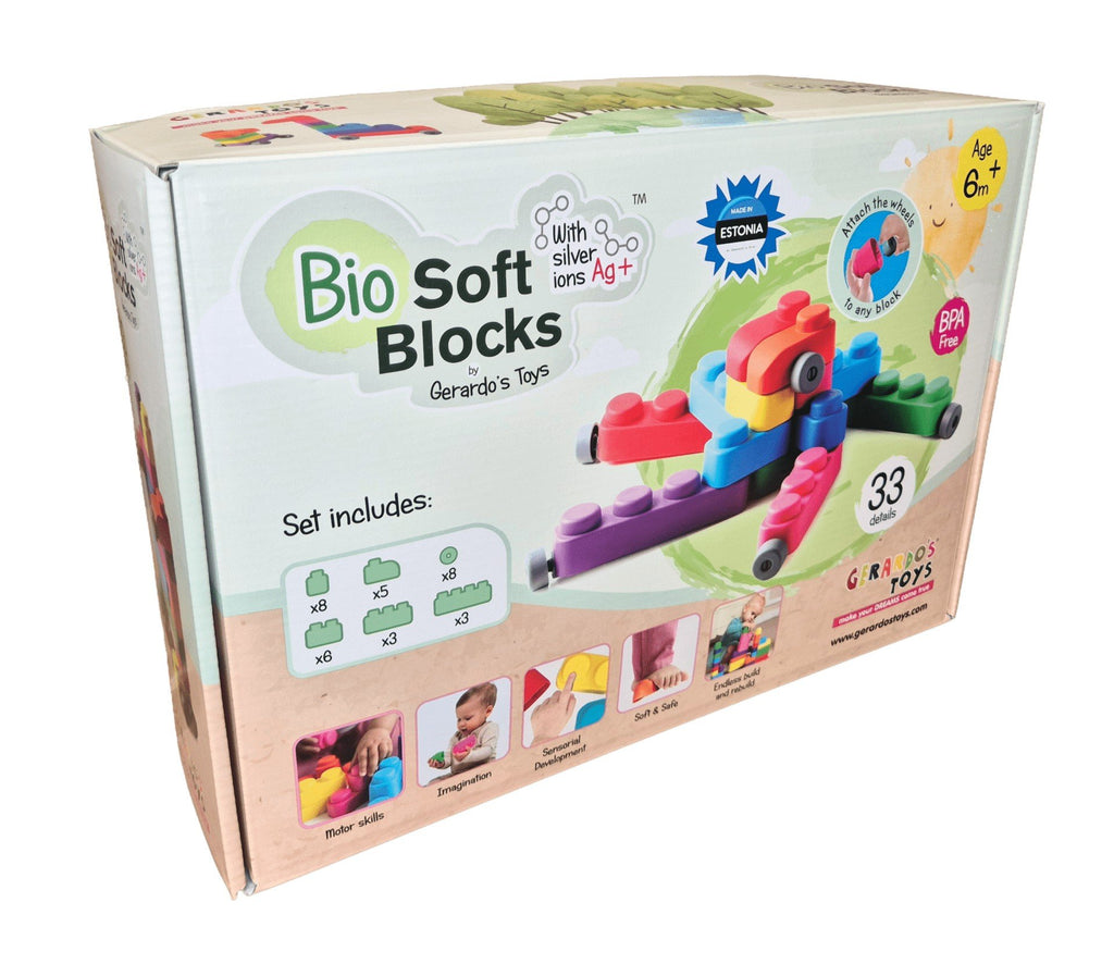 1. Gerardo's Toys Bio Soft Blocks 33-piece set packaging with colorful block design and antibacterial features for ages 6 months and up