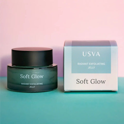 4. Usva Cosmetics Soft Glow Radiant Exfoliating Jelly with box on teal and pink background