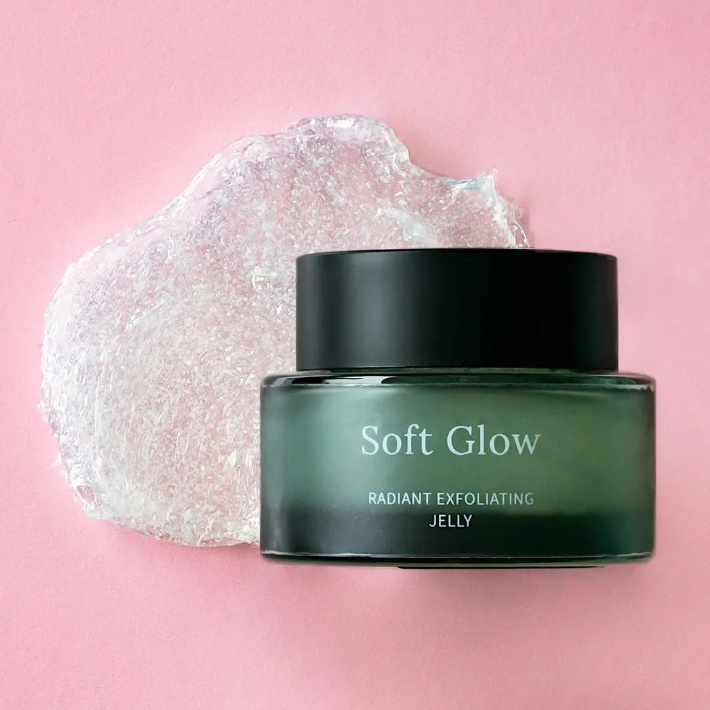 3. Usva Cosmetics Soft Glow Radiant Exfoliating Jelly with clear gel texture on pink background