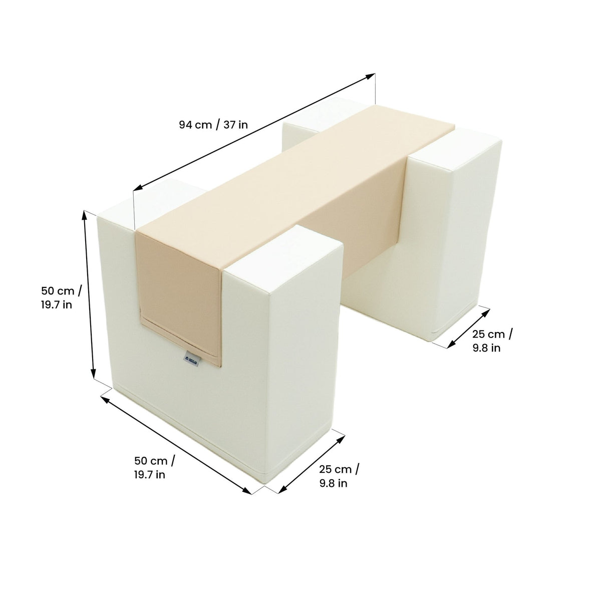 5. Size chart for IGLU soft play balance bridge showing dimensions in centimeters and inches