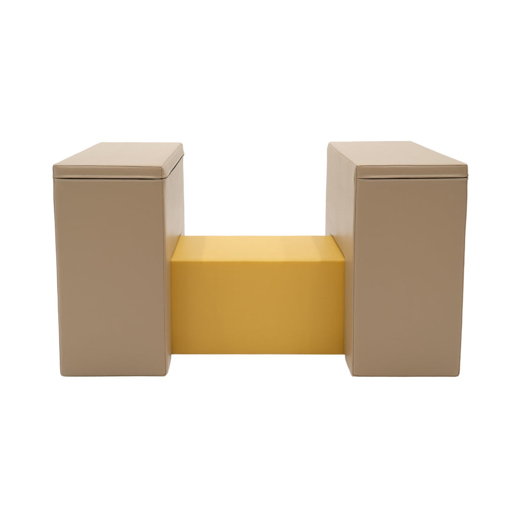 2. Front view of beige and honey-colored soft play balance bridge by IGLU in studio