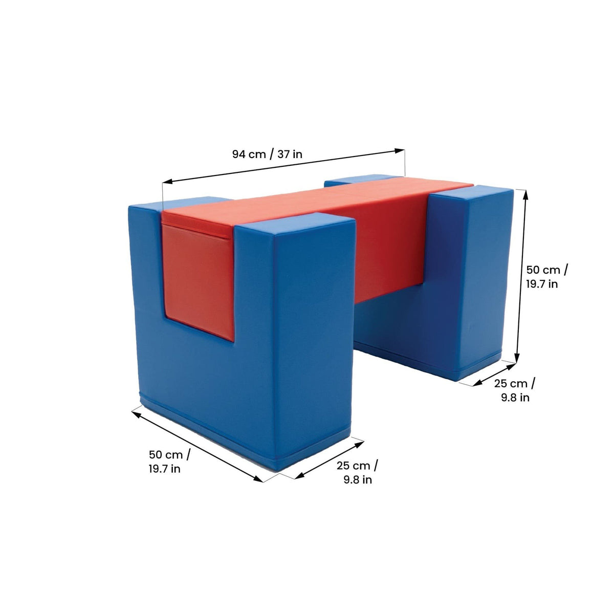 5. Size chart for IGLU Soft Play Balance Bridge showing dimensions in centimeters and inches