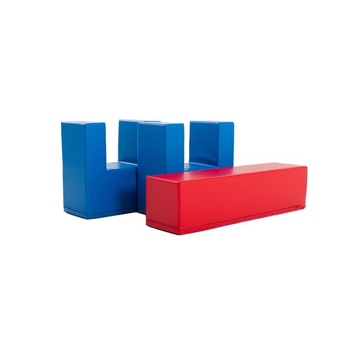 4. Flat lay of IGLU Soft Play Balance Bridge in blue and red showing separate components