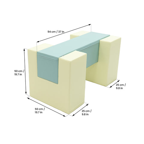 5. Size chart for IGLU Soft Play Balance Bridge showing dimensions in centimeters and inches