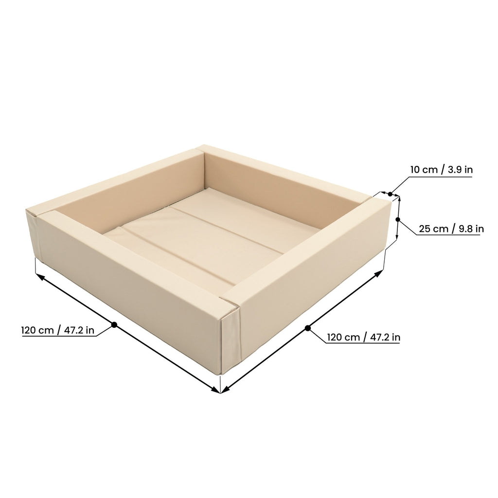 5. Size chart for beige IGLU soft play ball pit showing dimensions in centimeters and inches