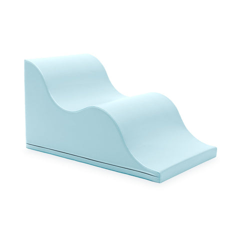 1. Soft Play Mega Wave in baby blue with wave-shaped design, ideal for stacking and climbing, shown on a white background