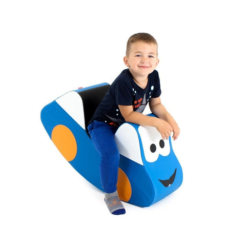 1. Boy sitting on IGLU blue soft play ride-on toy car with orange wheels indoors