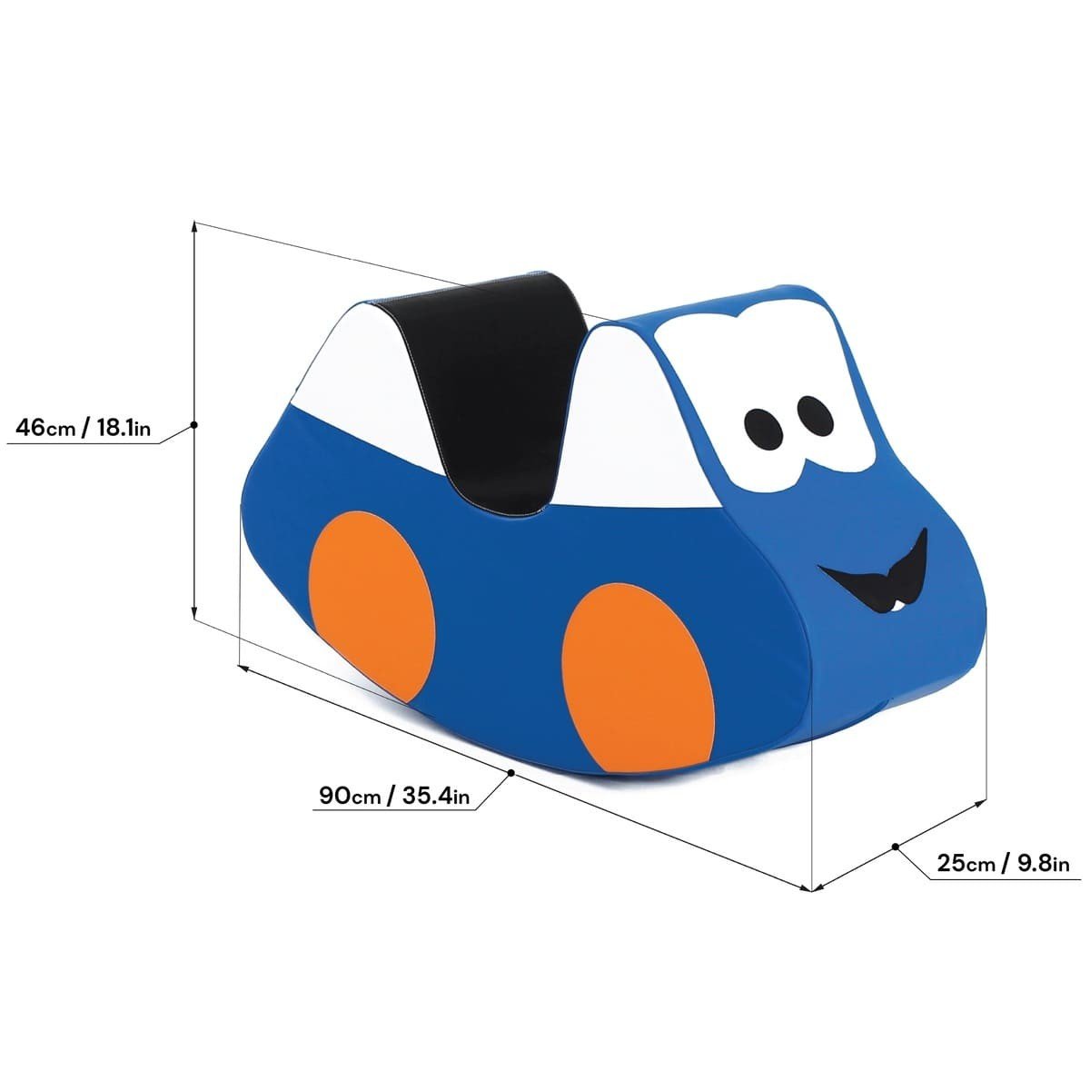 2. IGLU blue soft play ride-on toy car with orange wheels and dimensions displayed