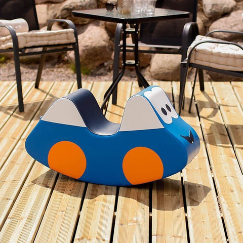 1. IGLU blue soft play ride-on toy car with orange wheels on wooden deck outdoors