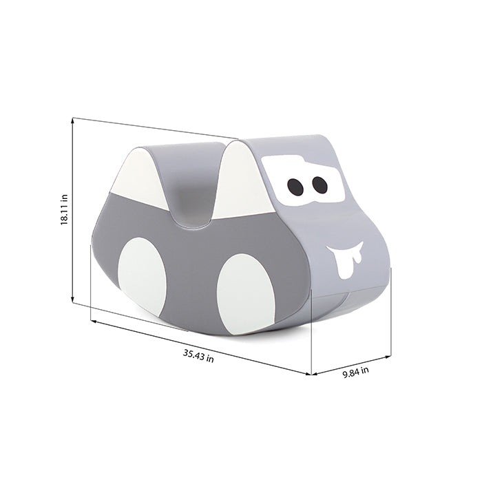 2. IGLU grey car-shaped soft play toy with dimensions 18.11 in x 35.43 in x 9.84 in, showcasing size and playful design