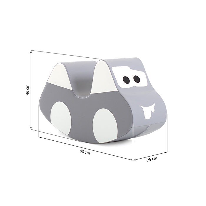 2. IGLU grey car-shaped soft play toy with dimensions 46 cm x 90 cm x 25 cm, highlighting size and design