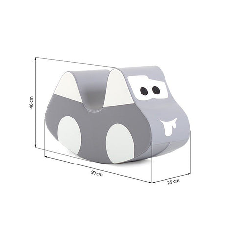 2. IGLU grey car-shaped soft play toy with dimensions 46 cm x 90 cm x 25 cm, highlighting size and design