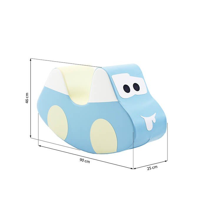 8. Light blue and cream soft play ride-on toy car with cartoon face, dimensions 90x46x25 cm, shown on white background
