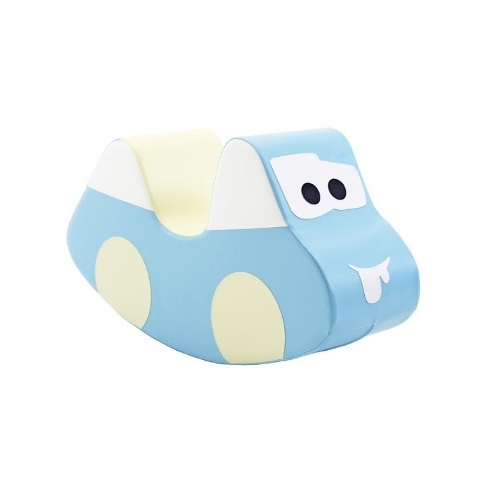 1. Light blue and cream soft play ride-on toy car with cartoon eyes and smile, shown on white background
