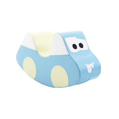 1. Light blue and cream soft play ride-on toy car with cartoon eyes and smile, shown on white background