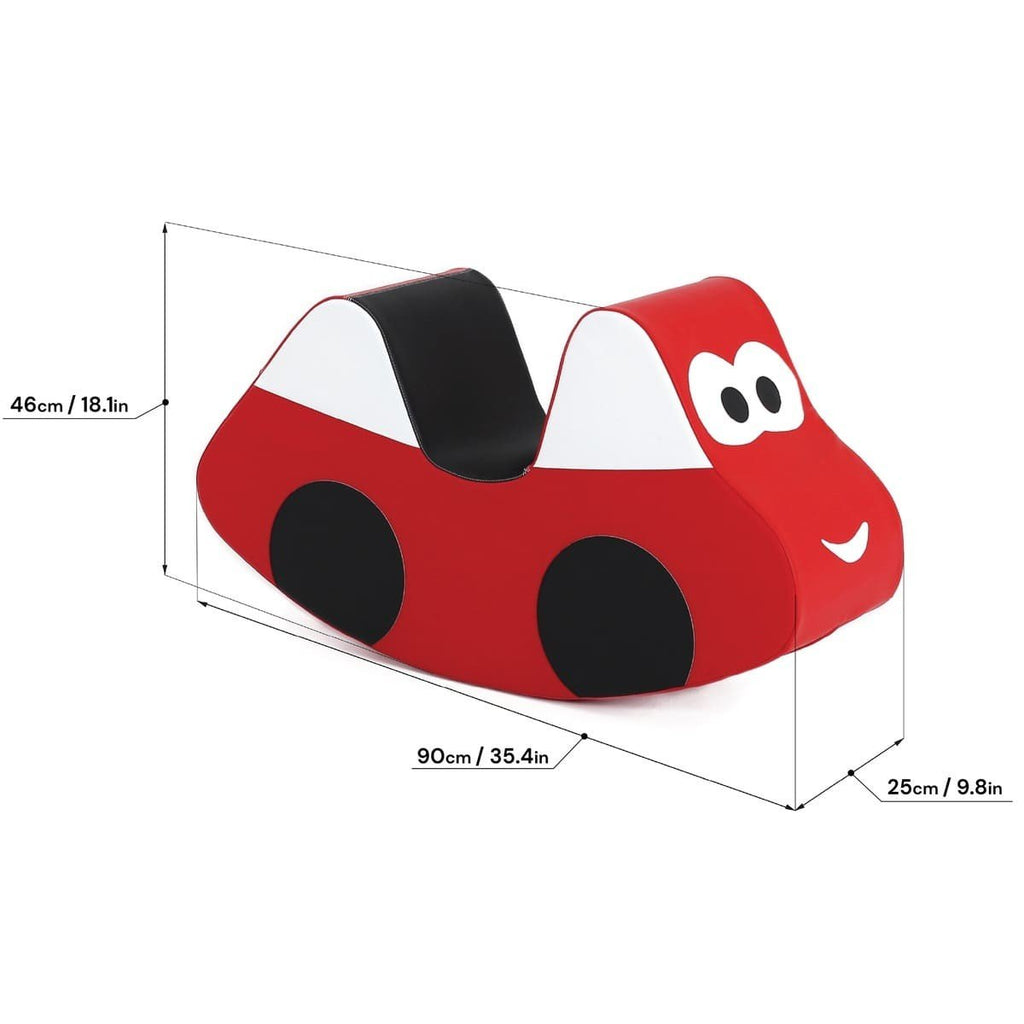 5. Studio shot of IGLU red soft play ride-on car toy with dimensions displayed