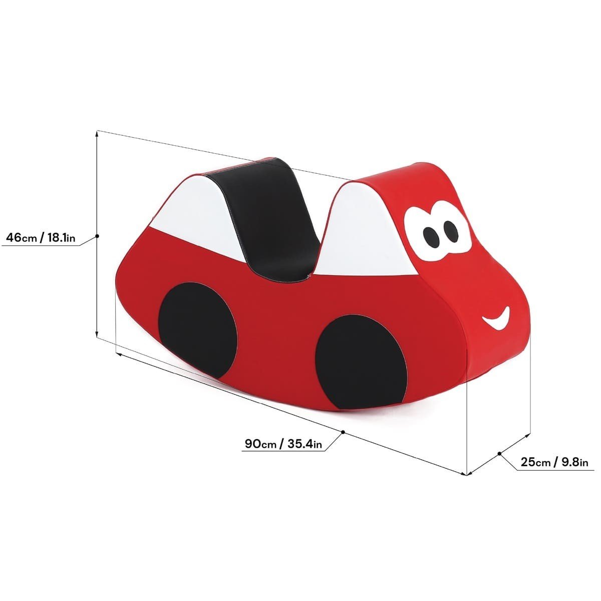 5. Studio shot of IGLU red soft play ride-on car toy with dimensions displayed