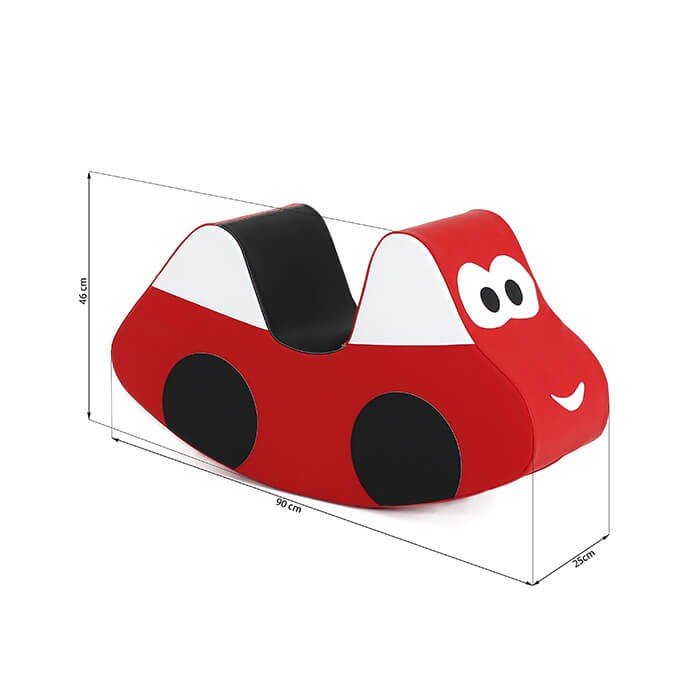 8. Studio image of IGLU red soft play ride-on car toy with size measurements