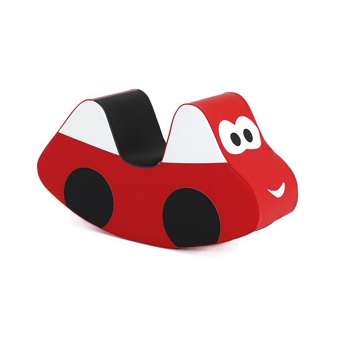 12. Studio shot of IGLU red soft play ride-on car toy with smiling face and black wheels