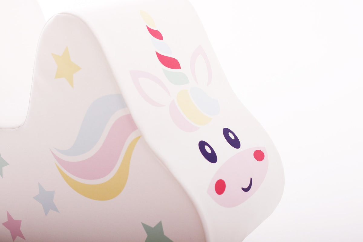 3. Close-up of IGLU unicorn toy's face with colorful horn and stars, highlighting playful design