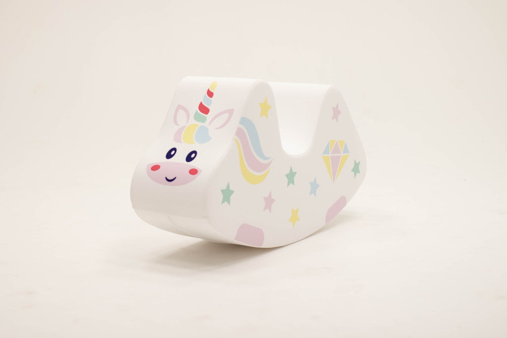 8. IGLU unicorn ride-on toy with colorful design, shown from front angle