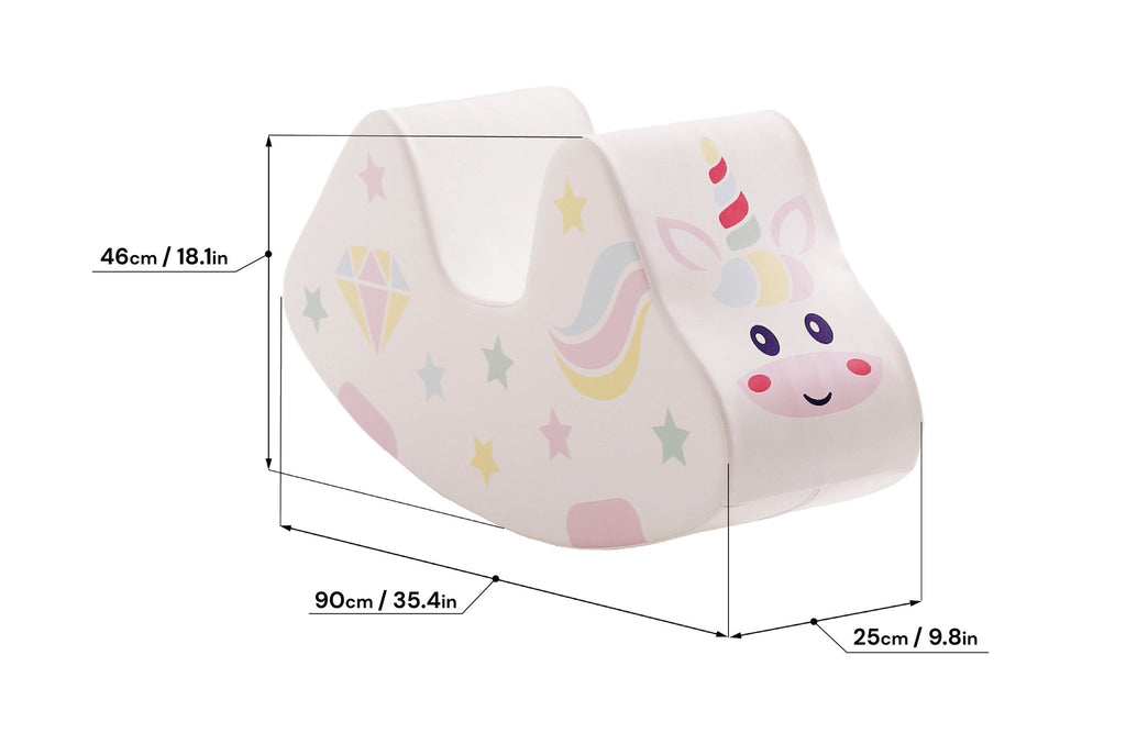 9. Size chart for IGLU unicorn ride-on toy showing dimensions in centimeters and inches