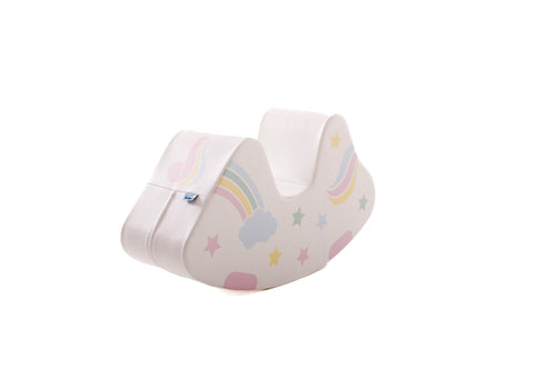 4. Side view of IGLU unicorn ride-on toy showing rainbow and star patterns on white background