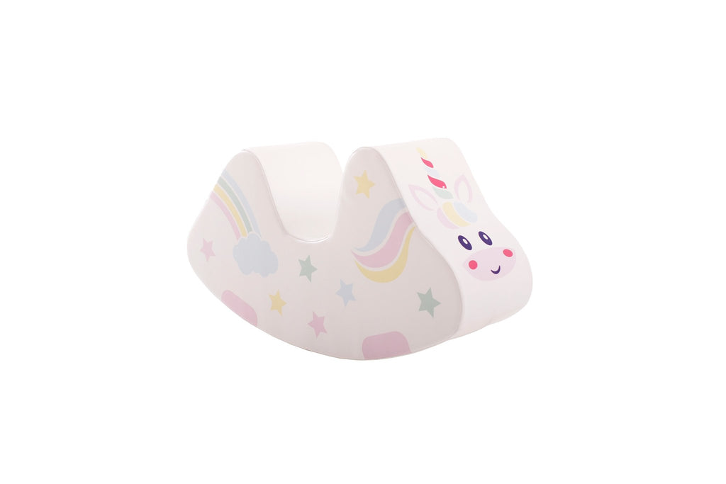 6. IGLU unicorn ride-on toy with pastel rainbow and star design, shown from side angle