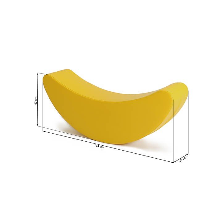 5. Size chart for yellow banana-shaped soft play rocking toy with dimensions 114 cm x 40 cm x 25 cm