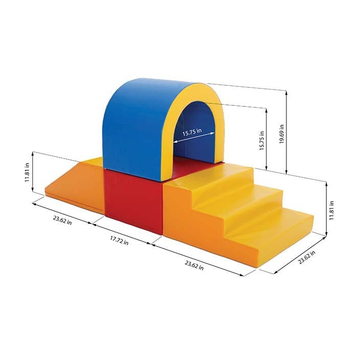 5. Size chart for multicolor soft play tunnel set showing dimensions in inches