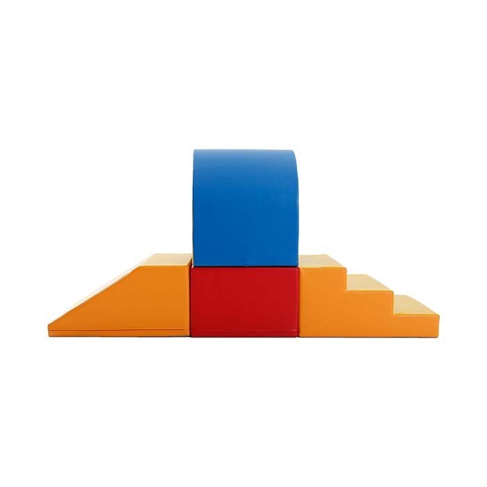 2. Side view of multicolor soft play tunnel set with blue arch, red base, and yellow steps