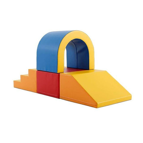 1. Multicolor soft play tunnel set with blue arch, red base, and yellow slide on wooden floor