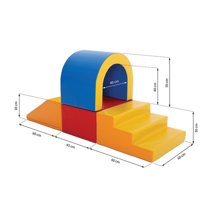 5. Size chart for multicolor soft play tunnel set showing dimensions in centimeters