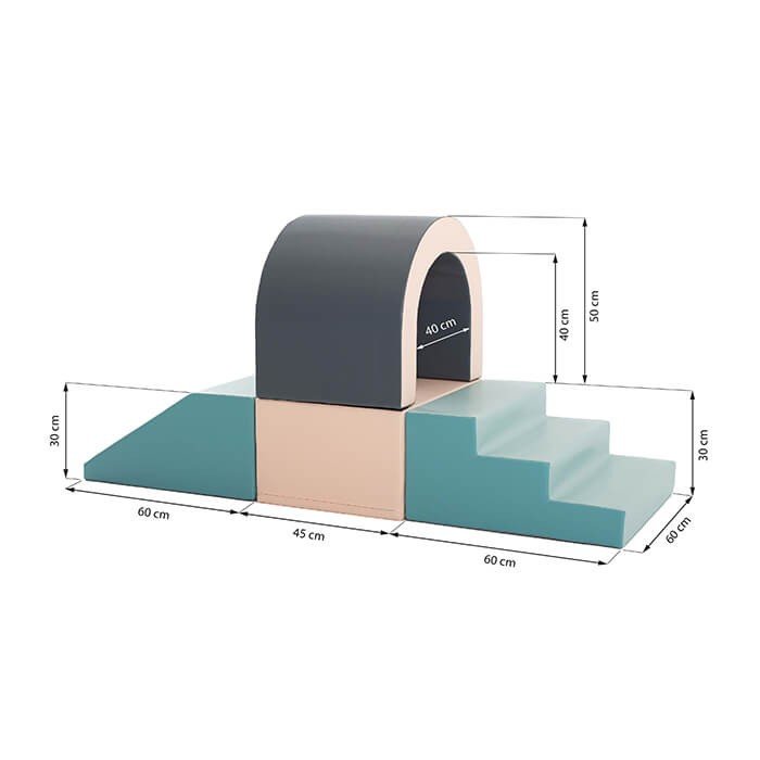 5. Size chart for IGLU pastel soft play tunnel set showing dimensions in centimeters