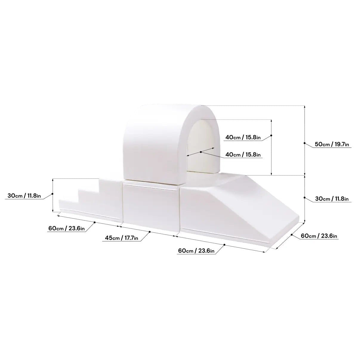 6. Size chart for IGLU soft play tunnel set showing dimensions in centimeters