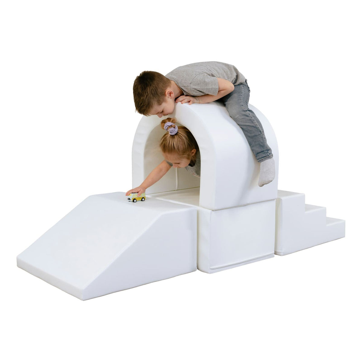 11. Two children playing on white IGLU soft play tunnel set with ramp and steps