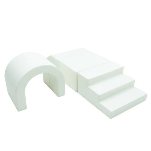 4. Flat lay of white IGLU soft play tunnel set with arch and steps