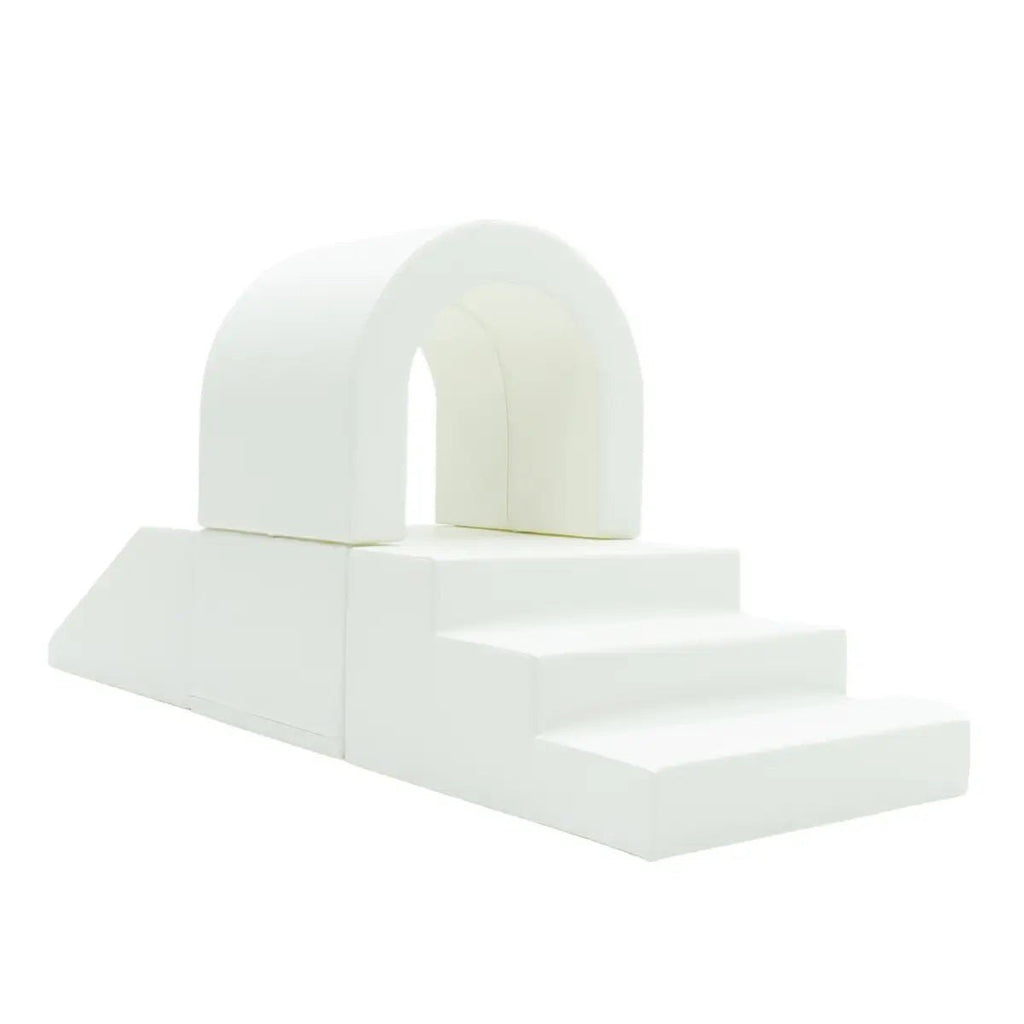 10. White IGLU soft play tunnel set with arch and steps on white background